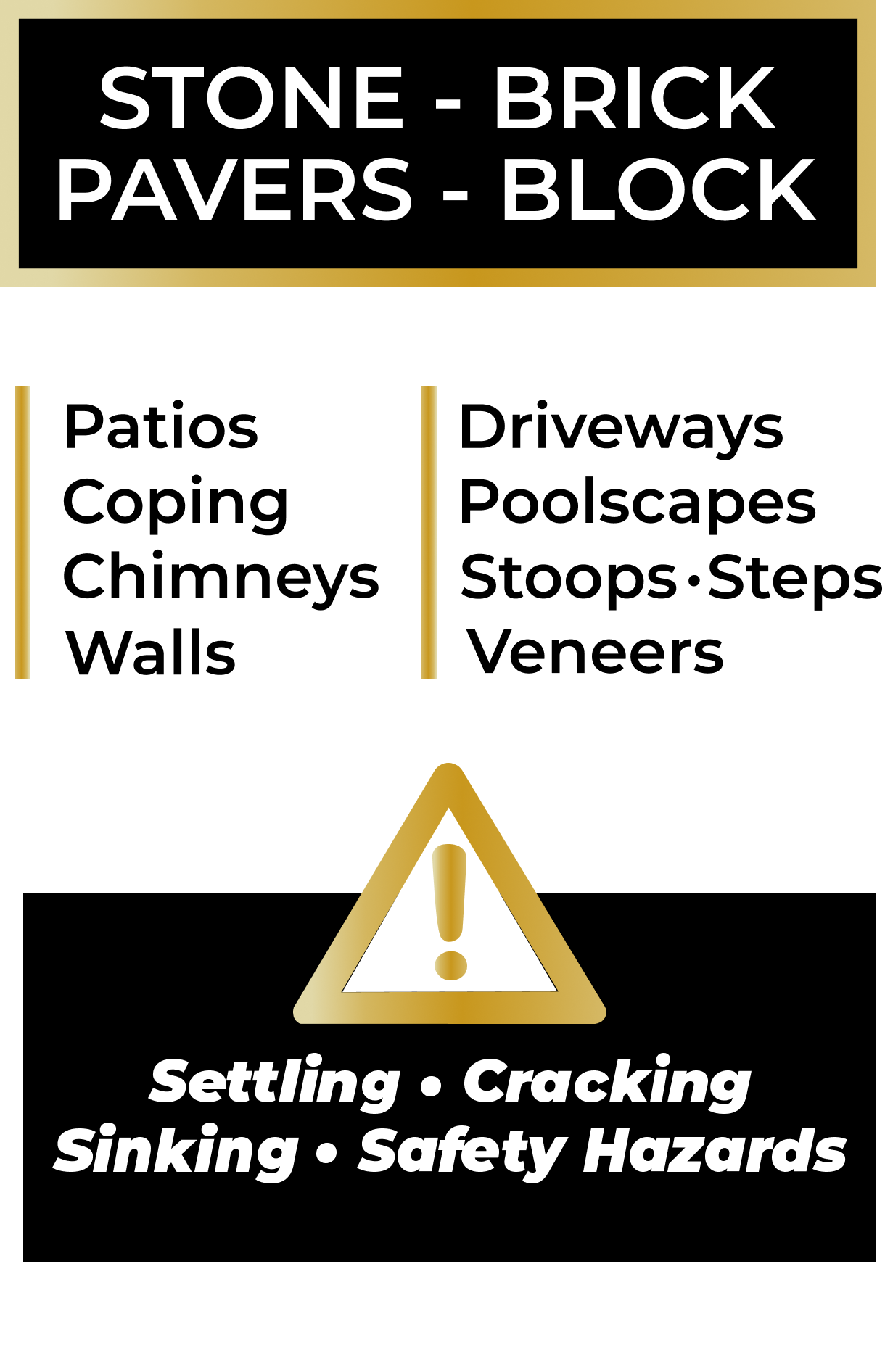 Infographic listing stone, brick, and block services like patios, walls, driveways; warns of issues such as settling, cracking, sinking, and safety hazards.