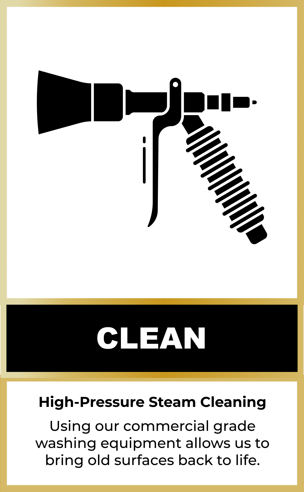 Black and white icon of a high-pressure steam cleaning tool, with text describing the use of commercial-grade washing equipment to revitalize old surfaces.