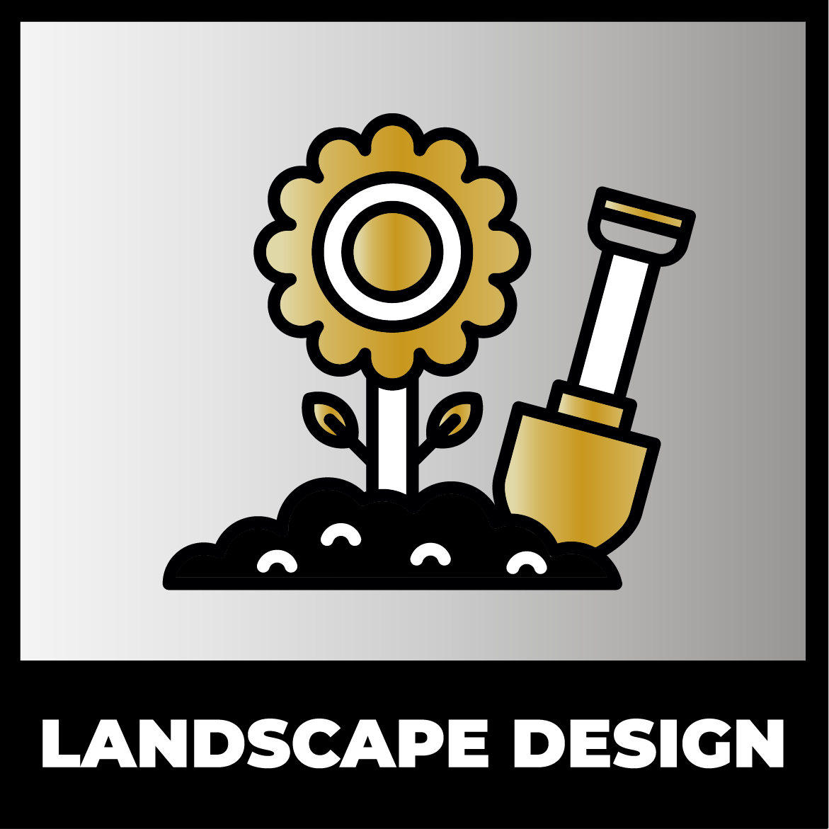 Icon of a flower with a shovel in soil, representing landscape design. The words "LANDSCAPE DESIGN" appear in bold text at the bottom.
