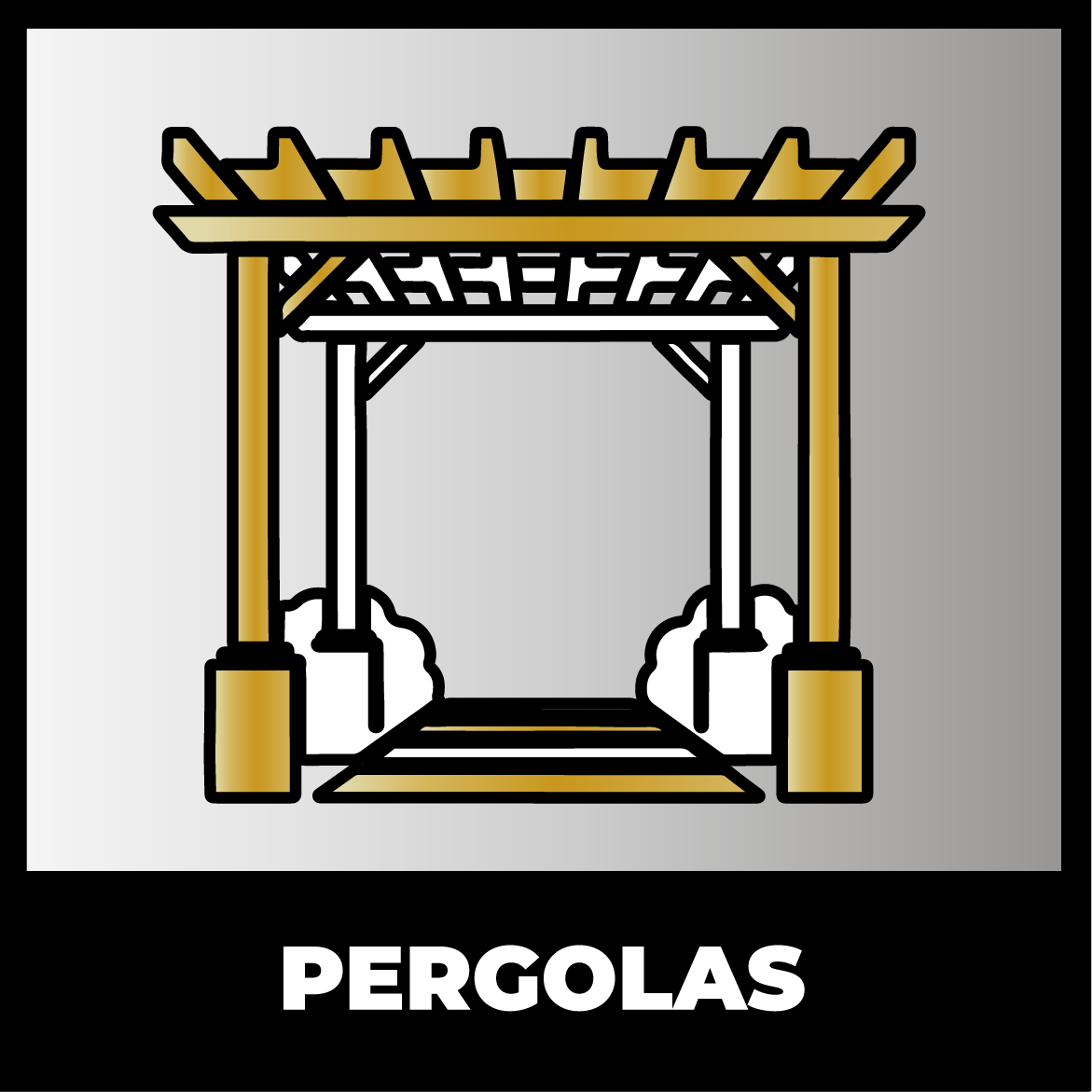 Illustration of a wooden pergola structure with a path and bushes underneath, shown on a gradient background with the word "PERGOLAS" below.