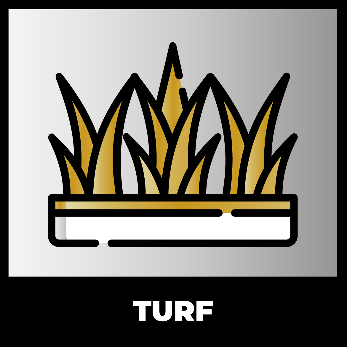 Illustration of green and yellow grass blades growing from a rectangular patch of turf, with the word "TURF" below on a black background.