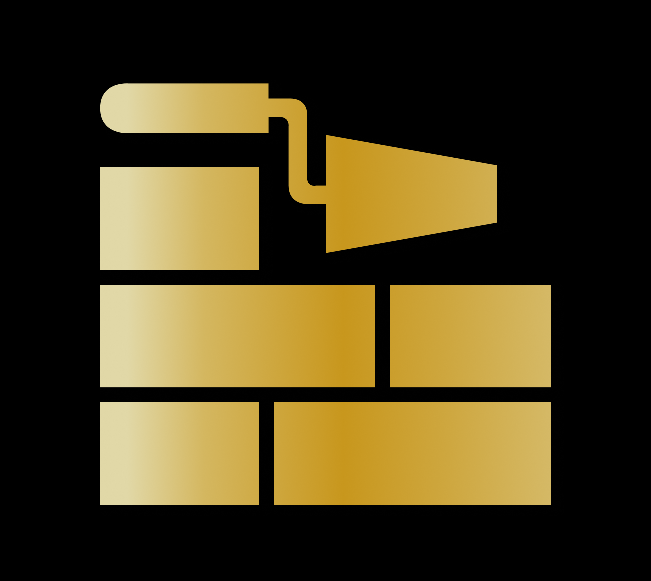 Gold icon of a brick wall with a masonry trowel on a black background.