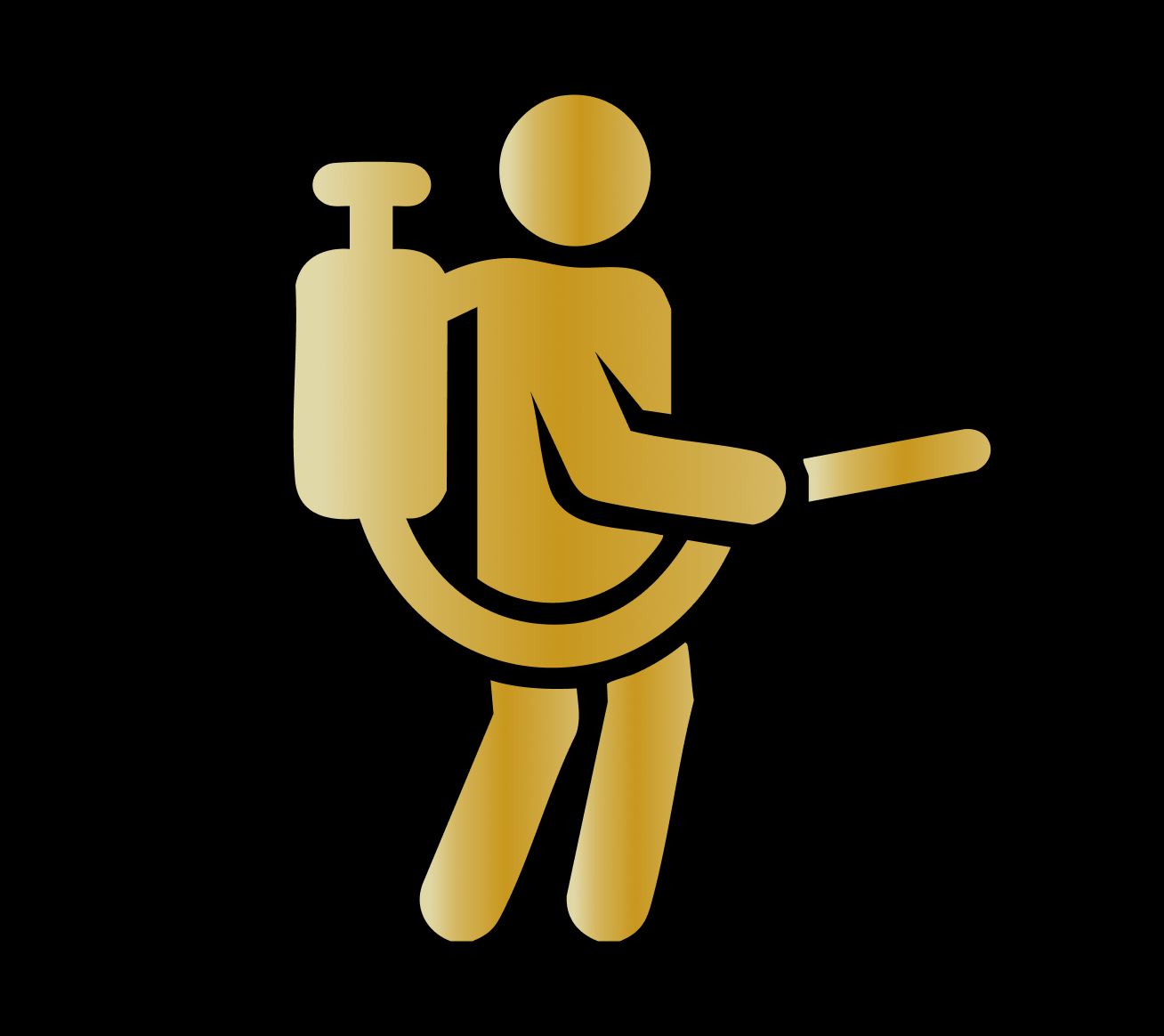 Gold icon of a person wearing a backpack sprayer and holding a spray wand, on a black background.