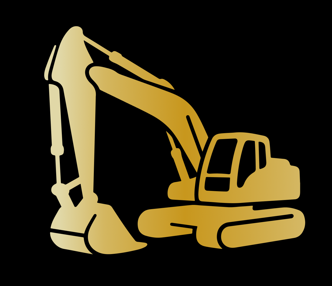 A gold-colored illustration of an excavator with a large arm and bucket, shown on a black background.
