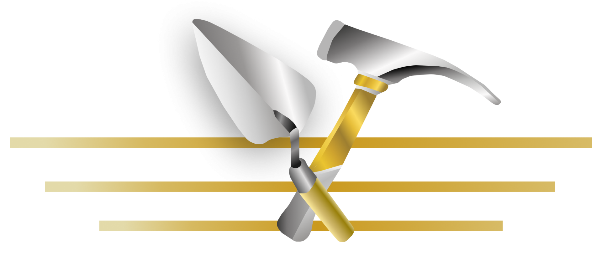A silver trowel and hammer with yellow handles are crossed in front of three horizontal gold lines on a white background.